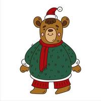 schattig teddy beer in gebreid trui, sjaal en de kerstman hoed. tekening Kerstmis karakter vector