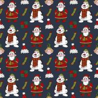 Kerstmis tekening naadloos patroon met sneeuwman, de kerstman claus, elf geschenk en santa's hoed vector