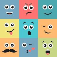 reeks van negen kleurrijk emoticons. emoji icoon in vierkant. vlak achtergrond patroon. vector illustratie