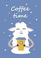 kaart met schattig schapen drinken koffie. knus winter tijd tekenfilm illustratie. vector grafisch