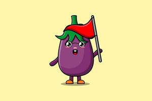 schattig tekenfilm aubergine karakter houden driehoek vlag vector