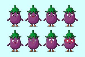 reeks kawaii aubergine tekenfilm verschillend uitdrukkingen vector