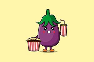 schattig tekenfilm aubergine met popcorn en drinken vector