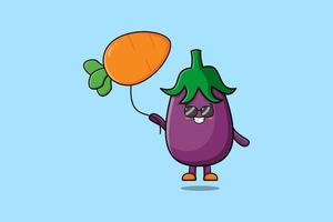 schattig tekenfilm aubergine drijvend met wortel ballon vector