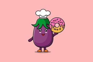 schattig tekenfilm aubergine chef karakter donuts vector