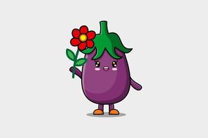 schattig tekenfilm aubergine karakter Holding rood bloem vector