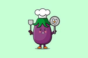 schattig tekenfilm aubergine chef Holding pan en spatel vector