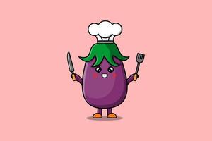 schattig tekenfilm aubergine chef Holding mes en vork vector