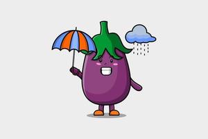 schattig tekenfilm aubergine in regen gebruik makend van een paraplu vector