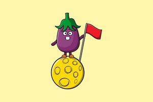 schattig tekenfilm aubergine staan Aan de maan met vlag vector