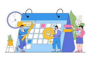 mensen planning schema, kalender en tijd beheer concept. jong mensen of arbeiders vulling uit de schema Aan reusachtig kalender planning werk in voortgang. modern vector illustratie in vlak stijl