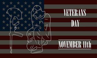 veteranen dag concept vector. leger evenement is gevierd in 11e november in Verenigde staten. soldaat treurt voor een vriend wie ging dood in de oorlog. de helm blijft hangen Aan de geweer. Verenigde Staten van Amerika vlag vector