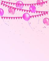 viering schattig roze achtergrond met ballonnen, vlag slinger en folie confetti. vector illustratie. carnaval belettering. plaats voor uw tekst. ontwerp voor uitnodiging, poster, kaart, banier, folder