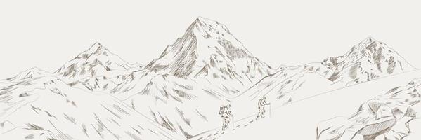 berg reeks klimmers met rugzakken wandelen door zwaar sneeuw in winter seizoen, beklimming en bergbeklimmen sport, hand- getrokken vector illustratie. berg reeks vector illustratie