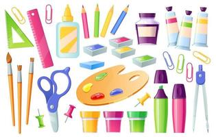 school- benodigdheden en briefpapier, aan het leren items reeks vector