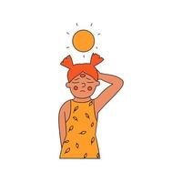 de meisje is lijden van zonnesteek. de kind doet niet voelen goed Aan een zonnig dag. vector illustratie in vlak stijl