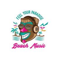 strand logo met glimlachen tiki masker luisteren muziek- vector illustratie, perfect voor evenement muziek- festival en t overhemd ontwerp