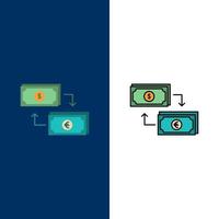 uitwisseling bedrijf dollar euro financiën financieel geld pictogrammen vlak en lijn gevulde icoon reeks vector blauw achtergrond