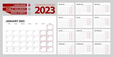 muur kalender ontwerper 2023 in engels, week begint in maandag. vector