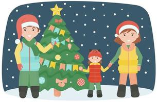 pa, mam en dochter versieren een Kerstmis boom Aan de straat. familie net decoratie voor vieren winter vakantie in een vlak stijl. vector illustratie.