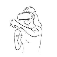 lijn kunst vrouw spelen spellen met vr bril en joysticks illustratie vector hand- getrokken geïsoleerd Aan wit achtergrond