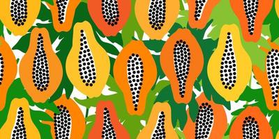 vector naadloos patroon met vruchten. kleurrijk hand- getrokken minimalistisch achtergrond. papaja helften met bladeren achtergrond.