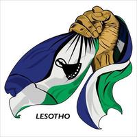 gevuist hand- Holding Lesotho vlag. vector illustratie van opgeheven hand- grijpen vlag. vlag draperen in de omgeving van hand. schaalbaar eps formaat