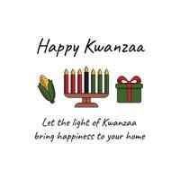 gelukkig kwanzaa minimalistische groet kaart met kinara zeven kaarsen, maïs en geschenk doos. kaart bericht, wens voor kwanzaa Afrikaanse Amerikaans erfgoed vakantie. vector illustratie geïsoleerd Aan wit.
