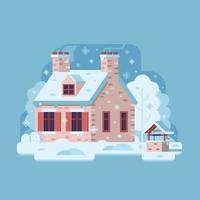 winter knus huis besneeuwd tafereel in vlak vector