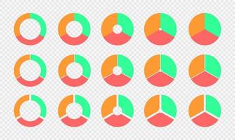 taart en donut grafieken set. cirkel diagrammen verdeeld in 3 secties van verschillend kleuren. infographic wielen. ronde vormen besnoeiing in drie onderdelen geïsoleerd Aan transparant achtergrond vector