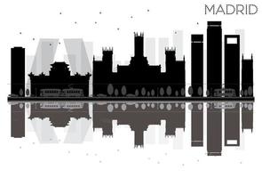 Madrid stad horizon zwart en wit silhouet met reflecties. vector