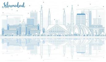 schets islamabad horizon met blauw gebouwen en reflecties. vector