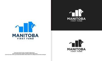 financieel stier logo ontwerp met kaart van manitoba Canada dat maakt omhoog de hoofd . handel stier grafiek, financiën logo. economie financiën tabel bar bedrijf produktiviteit logo icoon. vector