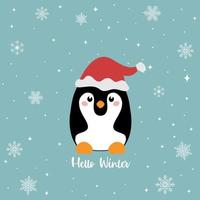 schattig pinguïn icoon in een vlak stijl Aan een achtergrond van sneeuwvlokken en de opschrift Hallo winter. een symbool van verkoudheid winter. antarctisch vogel, dier illustratie vector