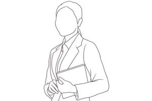 zakenvrouw houden een tablet hand- getrokken stijl vector illustratie