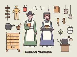 verzameling van mannetje en vrouw tekens in Koreaans traditioneel dokter kostuums en Koreaans traditioneel medisch uitrusting pictogrammen. vector