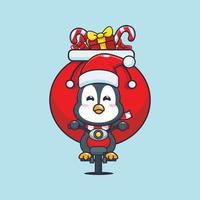 schattig pinguïn draag- Kerstmis geschenk met motorfiets. schattig Kerstmis tekenfilm illustratie. vector