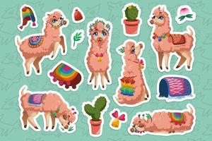 reeks van stickers met lama, Peru alpaca dier vector
