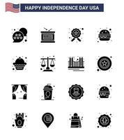 Verenigde Staten van Amerika gelukkig onafhankelijkheid dagpictogram reeks van 16 gemakkelijk solide glyphs van muffin taart insigne maaltijd hamburger bewerkbare Verenigde Staten van Amerika dag vector ontwerp elementen