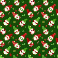 naadloos patroon met klein kabouters in kappen. schattig Kerstmis elf tekens Holding geschenk, snoep, Kerstmis bal.plat vector elementen voor kleding stof, behang, omhulsel papier. Kerstmis dwergen Aan donker groen