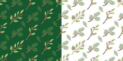 naadloos patroon met groen pijnboom boom takken en hulst fabriek Aan wit en groen achtergronden. mooi Kerstmis en nieuw jaar textiel. Super goed voor stoffen, omhulsel papieren. vector