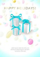 veelkleurig confetti en geschenk dozen gelukkig vakantie poster ontwerp vector