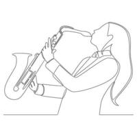 doorlopend lijn tekening vrouw saxofonist het uitvoeren van saxofoon vector lijn kunst illustratie