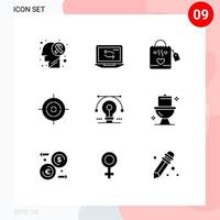 modern reeks van 9 solide glyphs pictogram van oplossing lamp hangtas doelwit doel bewerkbare vector ontwerp elementen