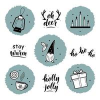 reeks van Kerstmis decoraties en gemakkelijk belettering groet teken. voor kaart, t-shirt of mok afdrukken, poster, banier, sticker, decor. foto bedekking winter vakantie vector. hygge levensstijl knus elementen vector