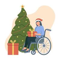 rolstoel vrouw gekleed de kerstman claus Holding geschenk doos. personen met handicaps viert Kerstmis in de buurt Kerstmis boom. Gelijk mogelijkheden. inclusiviteit. vector illustratie