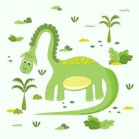 schattig groen dinosaurus getrokken in kinderen stijl met decoratief elementen. brontosaurus, diplodocus, brachiosaurus voor het drukken Aan kinderen dingen. modieus vector tekening stijl