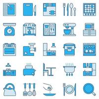 keuken huishoudelijke apparaten, gereedschap vector concept blauw pictogrammen