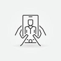 handen Holding smartphone met Mens lineair icoon. selfie symbool vector