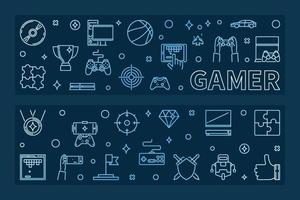 gamer schets blauw horizontaal spandoeken. vector illustratie